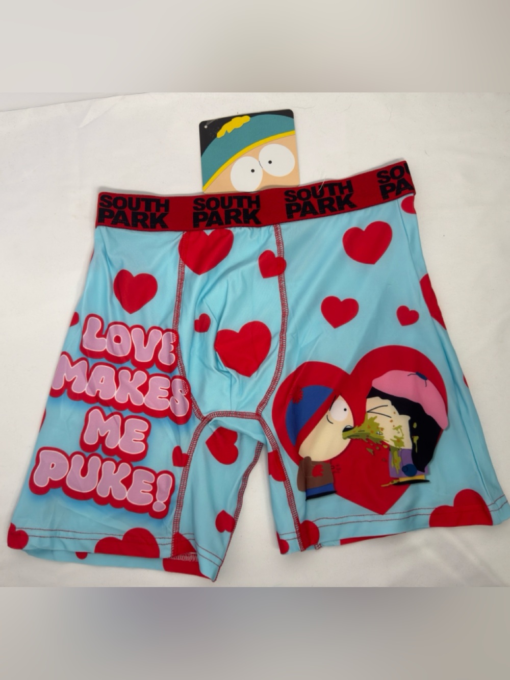 South Park Men’s Light Blue Boxer Briefs with Red Hearts